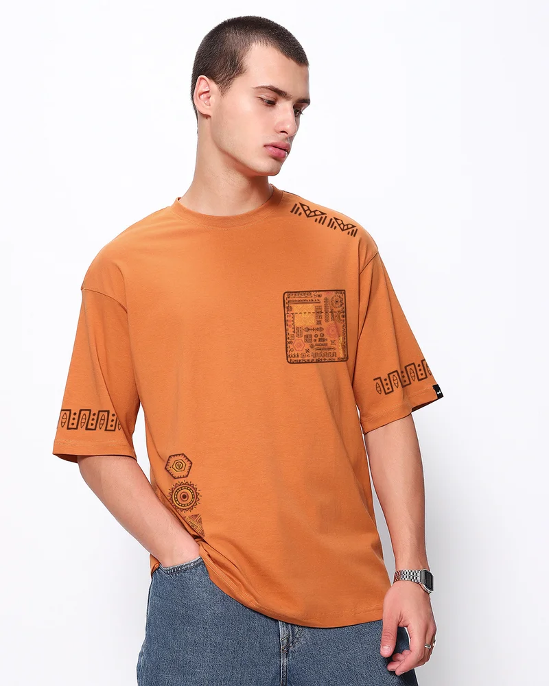 bewakoof Men's Orange Sippin Sun Graphic Printed Oversized T-shirt